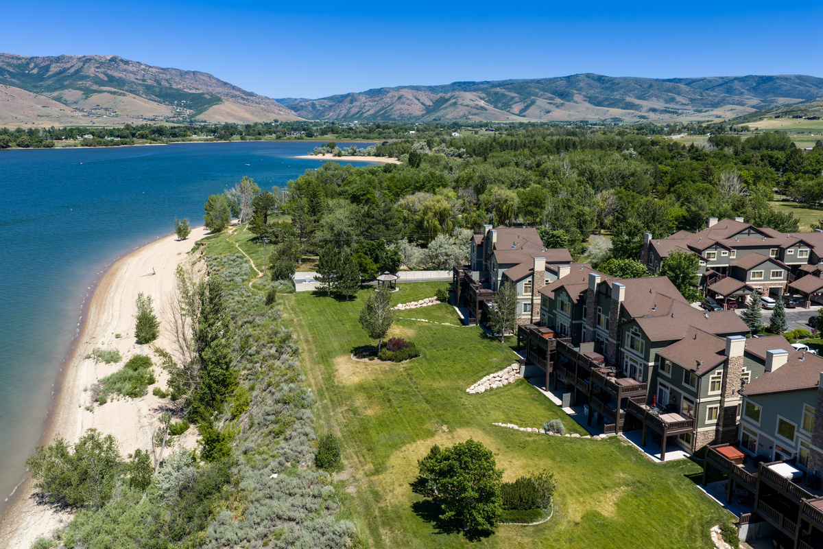 Stunning aerial perspective of Pineview Reservoir and the Lakeside Village community.