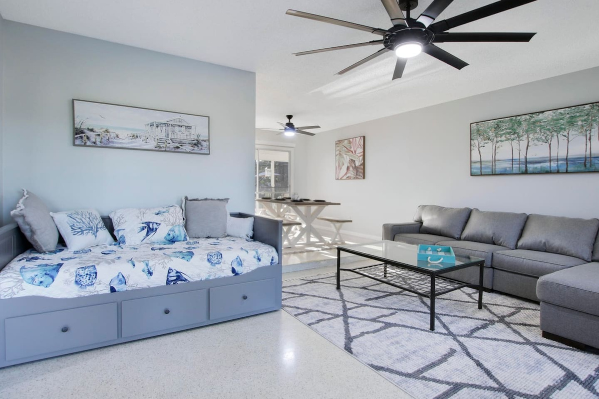 Open Living room with day bed.