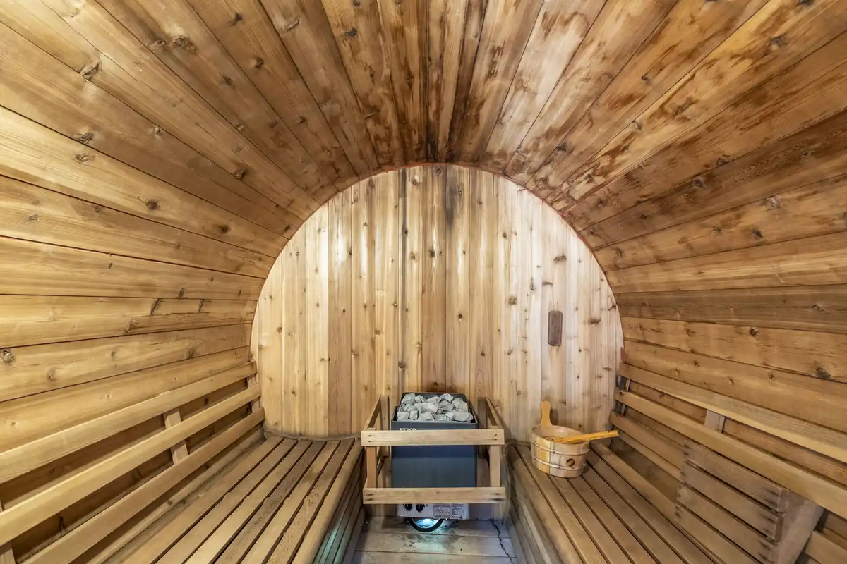 Interior view of the private barrel sauna