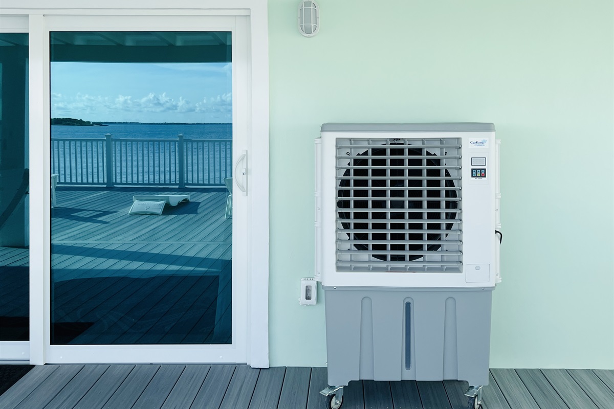 Starfish Bay Patio stays cool in hot summer days with portable air conditioner, makes outdoor dinners enjoyable. 