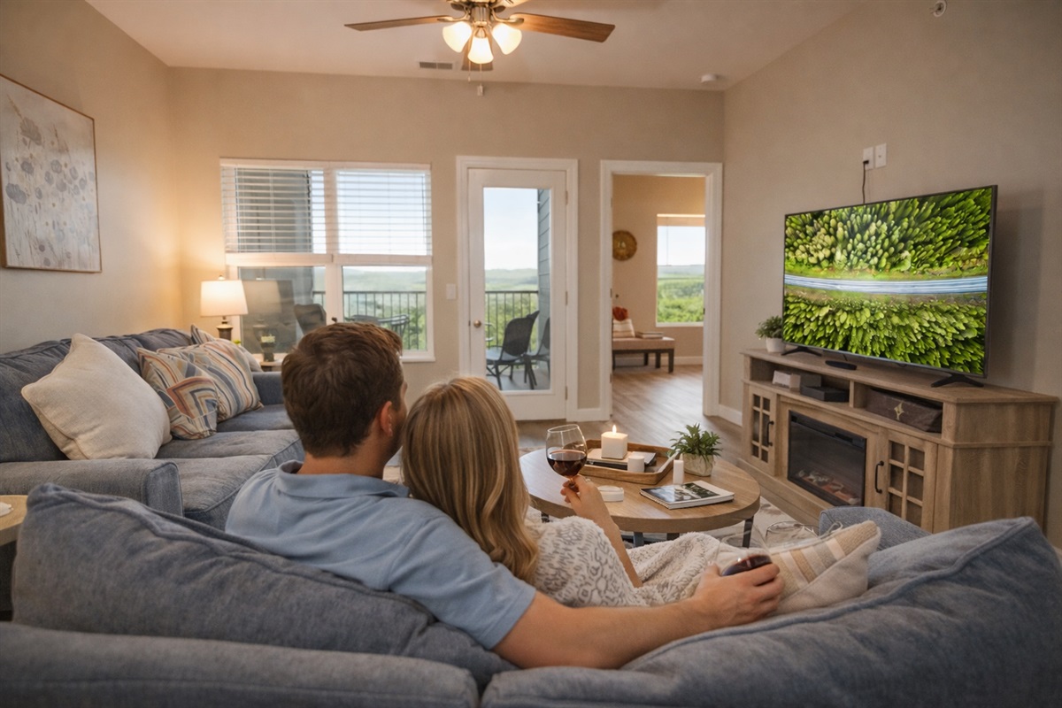 Bright and inviting living room with cozy seating, smart TV, and balcony views — the perfect place to relax after exploring Branson