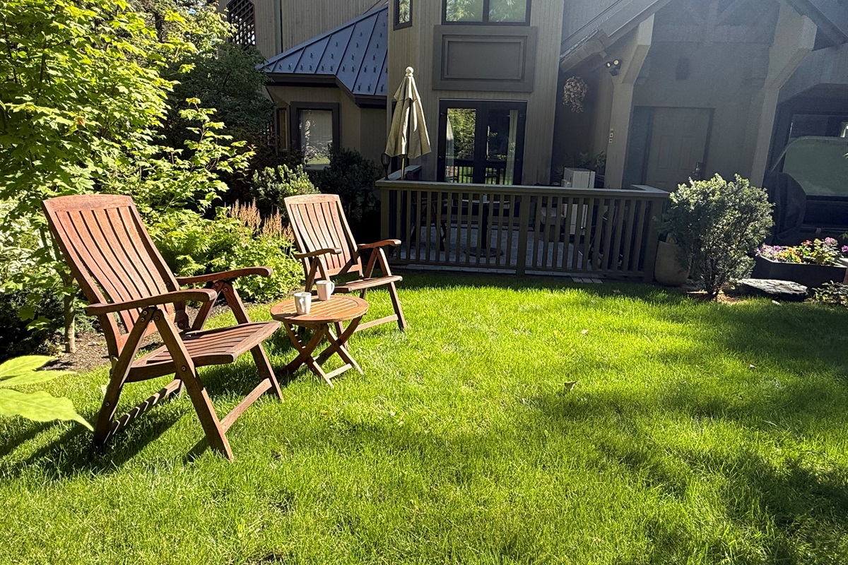 Start your day in our sunlit garden with a fresh coffee and forest views. Relax in comfort just steps from your private deck in the heart of Whistler.