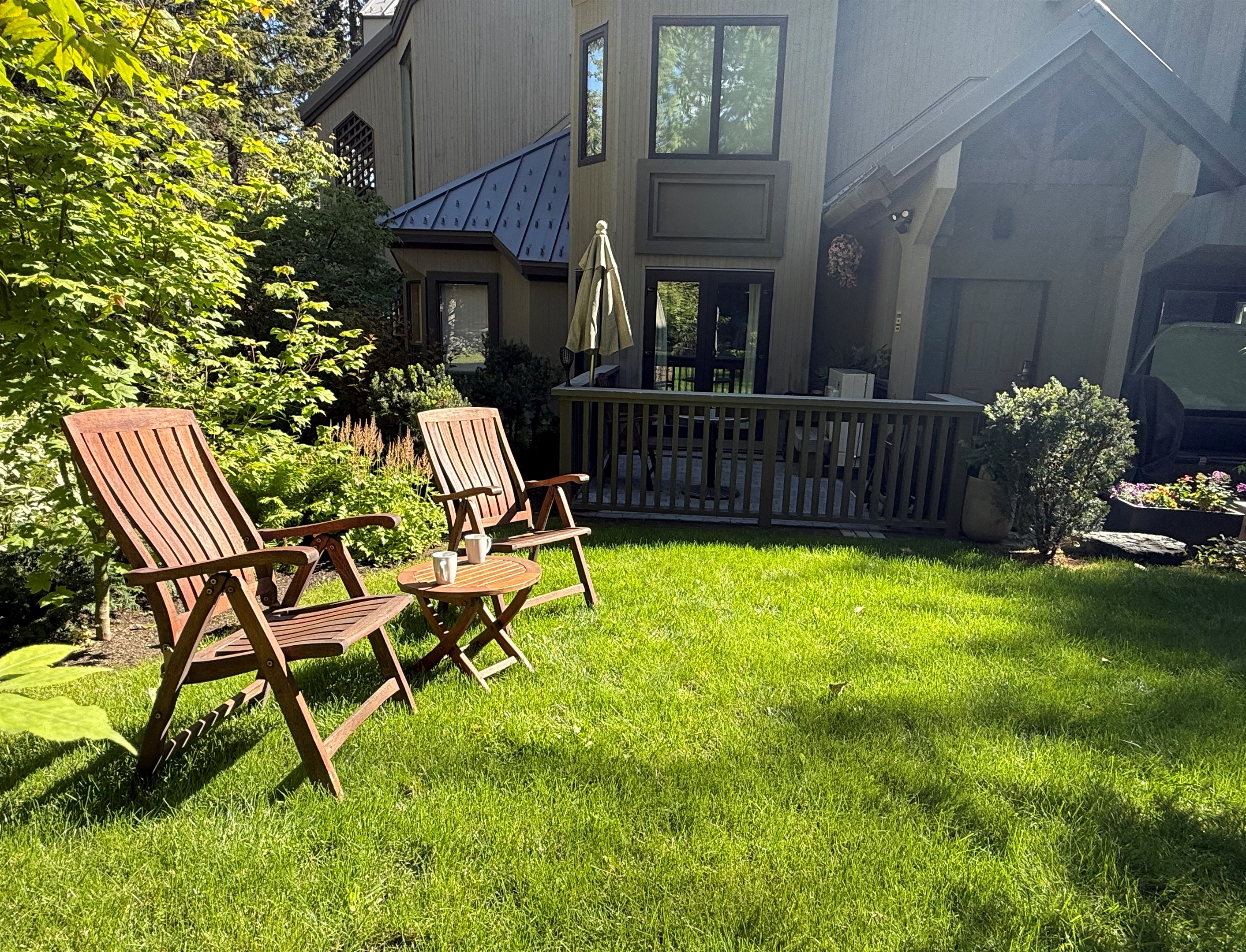 Start your day in our sunlit garden with a fresh coffee and forest views. Relax in comfort just steps from your private deck in the heart of Whistler.