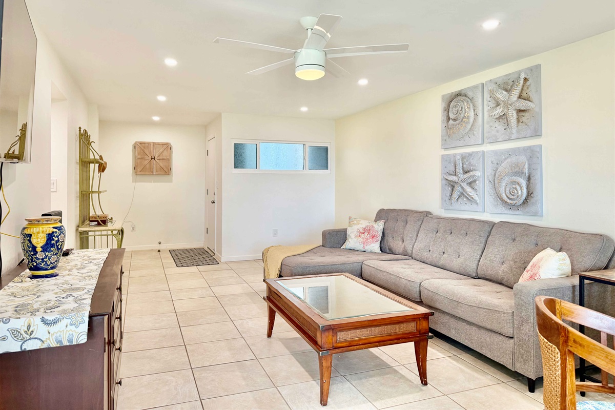 Bright open living room for hanging out, playing games and enjoying time with friends and family