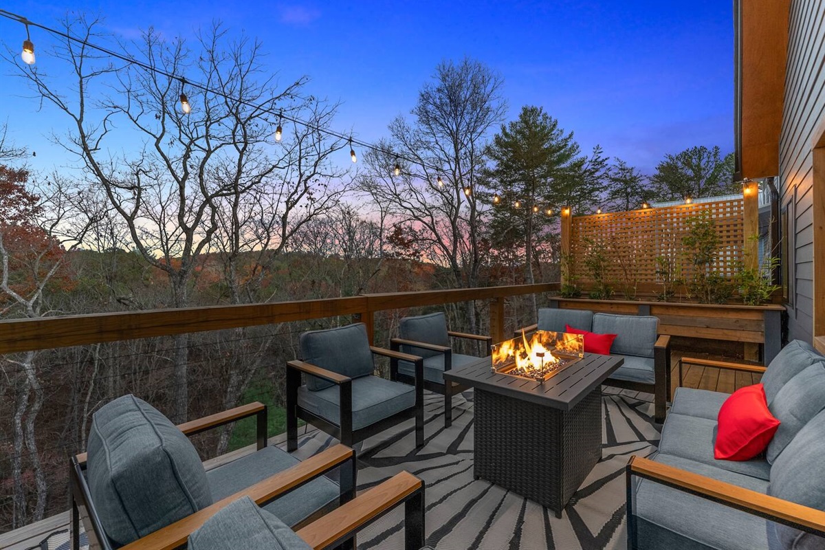 Propane fire pit while enjoying mountain views—perfect for evening relaxation.