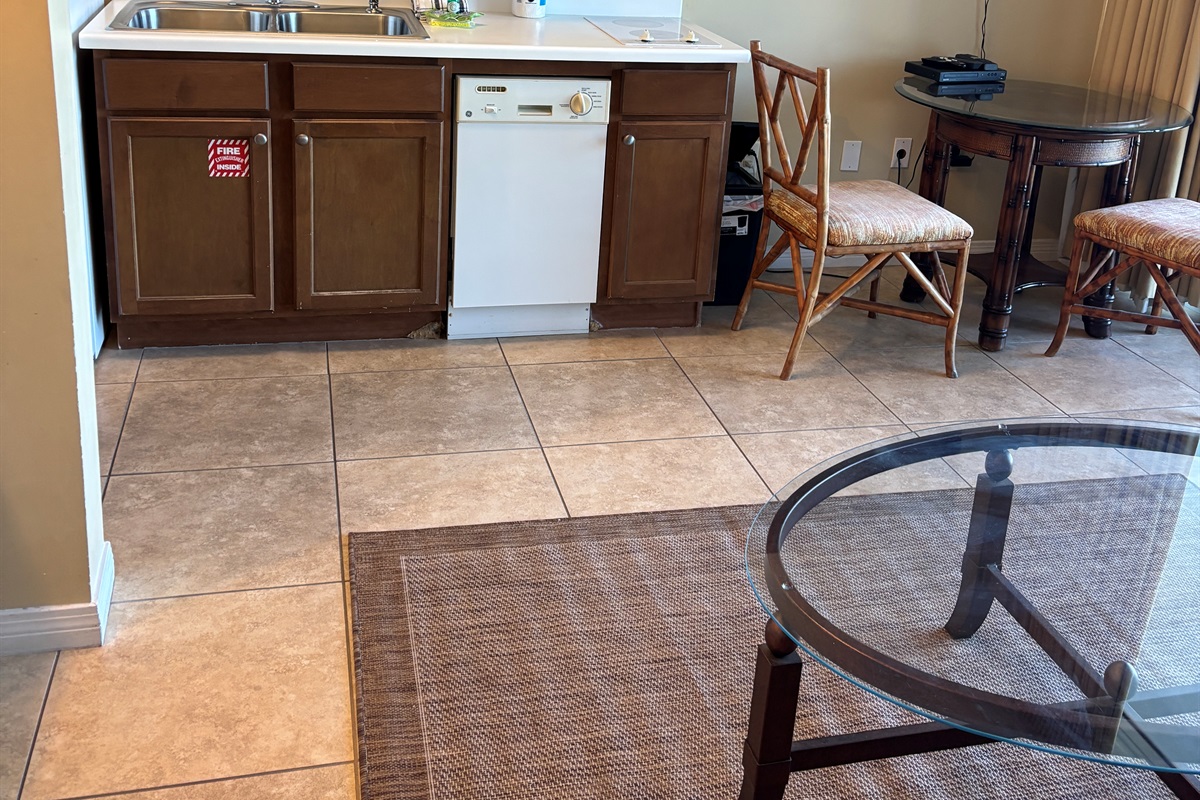 Living room looking at kitchen area