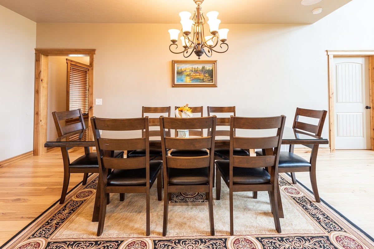 The dining room table seats eight people.