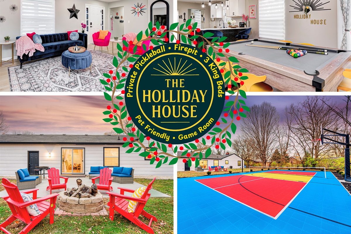 Welcome to The Holliday House — your Indy retreat with a private pickleball court, stylish living spaces, 3 king beds, and family-friendly fun throughout.