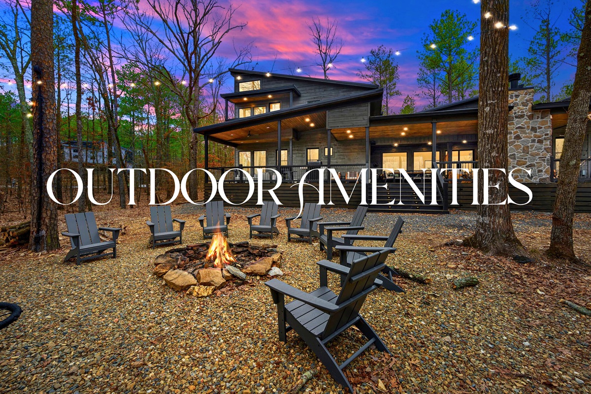 Evening lighting sets the mood around the fire pit, turning the entire outdoor area into a relaxing gathering place.
