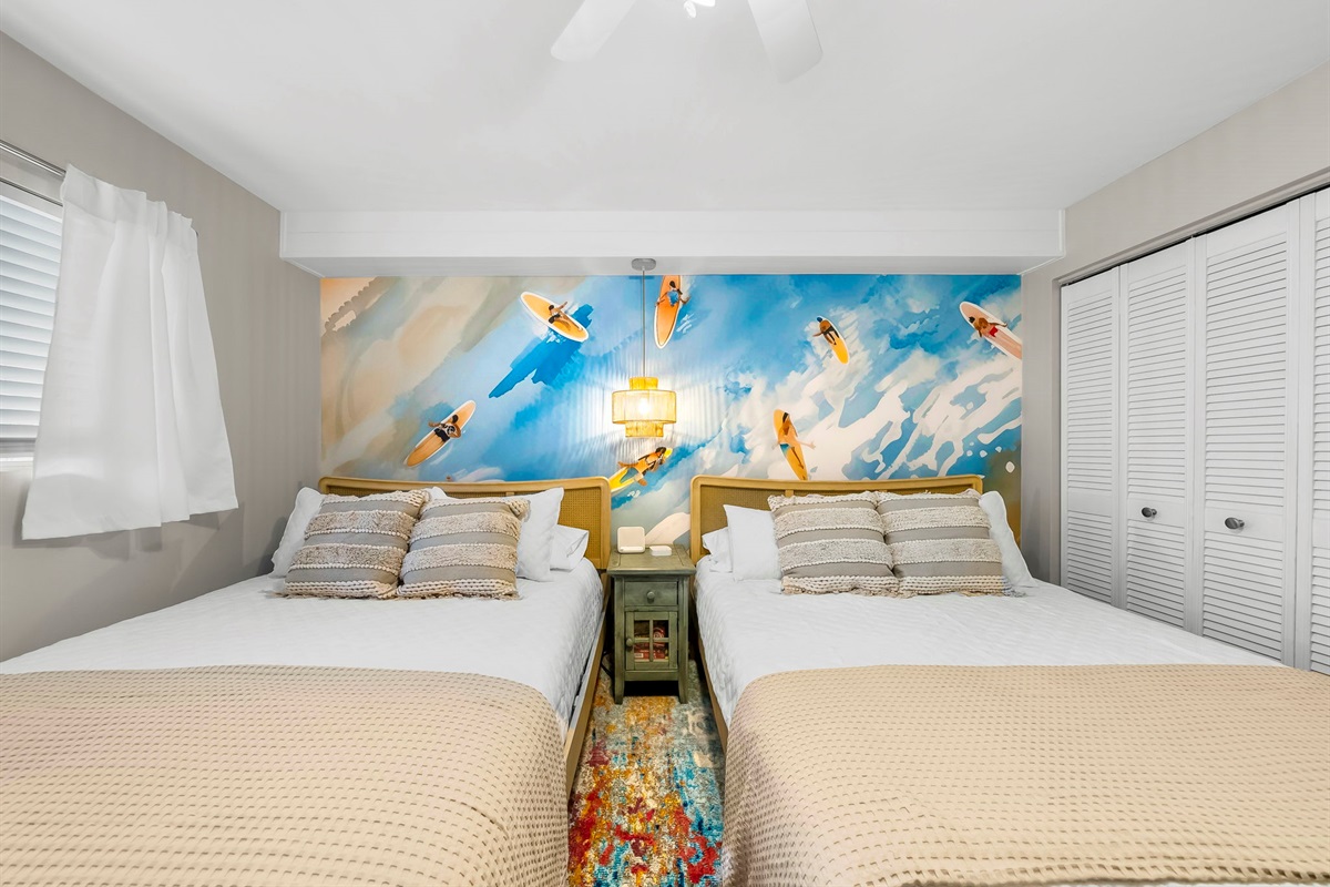Surf's Up! themed guest bedroom (we've even got card games tucked into the bottom of the nightstand)!