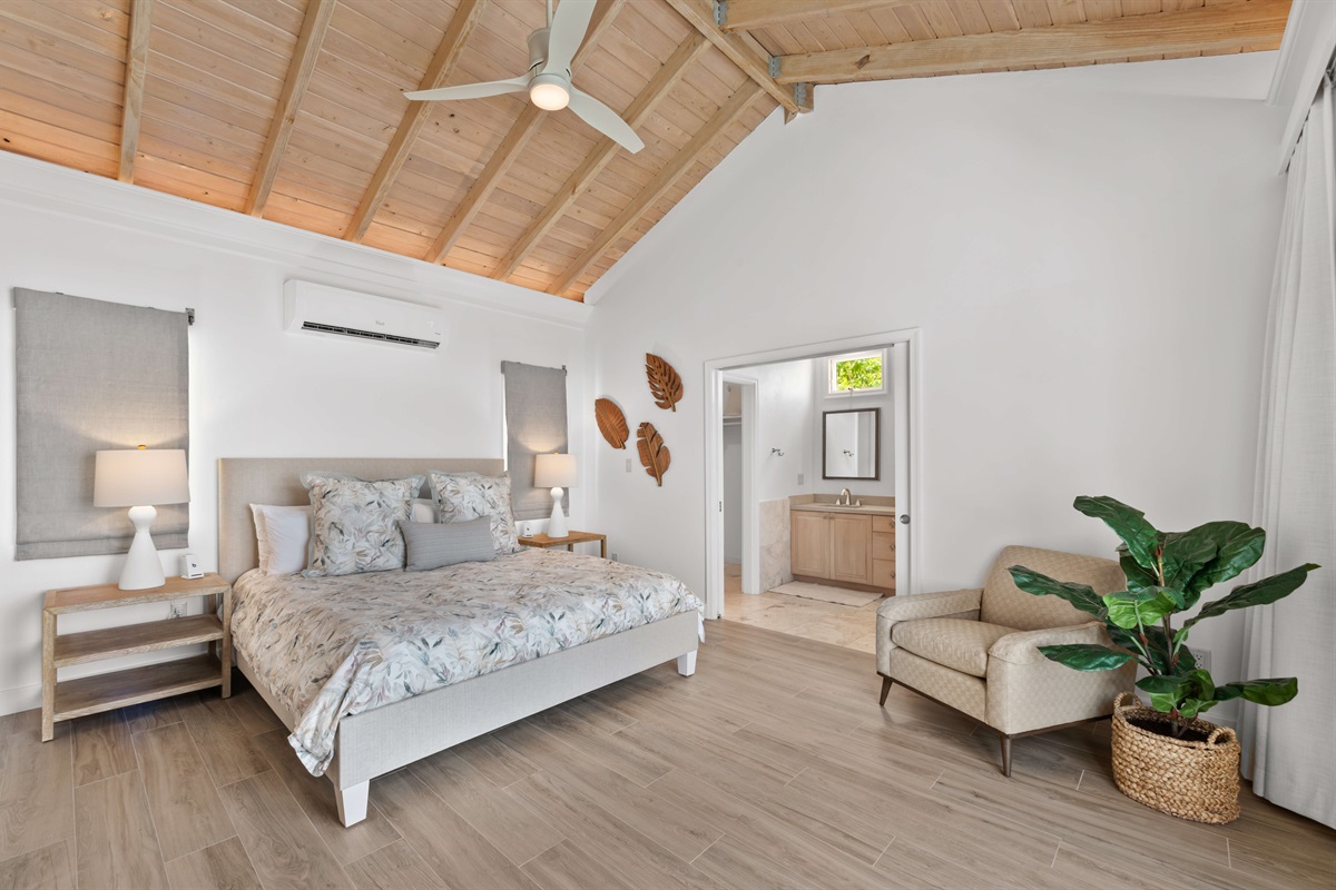 Spacious room with AC, vaulted ceilings, king bed, ensuite bathroom, and stylish island decor. A guest favorite.
