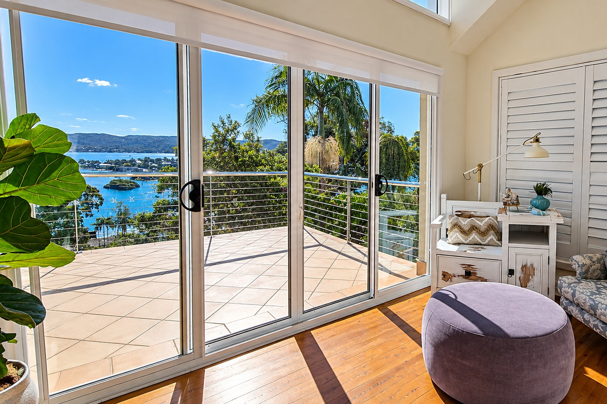 A peaceful reading nook opening onto a sun-drenched balcony with beautiful water and mountain views.