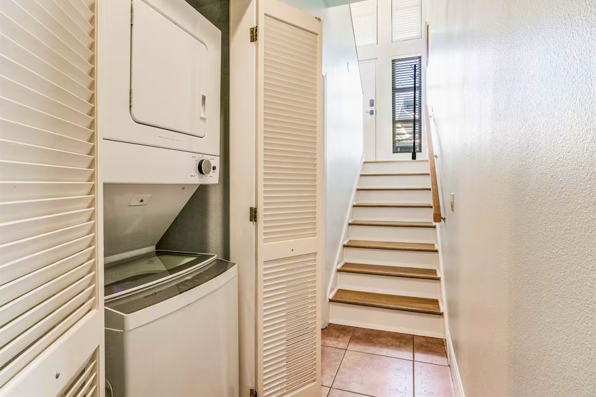 A stacked washer and dryer make it easy to keep up with laundry during your stay.