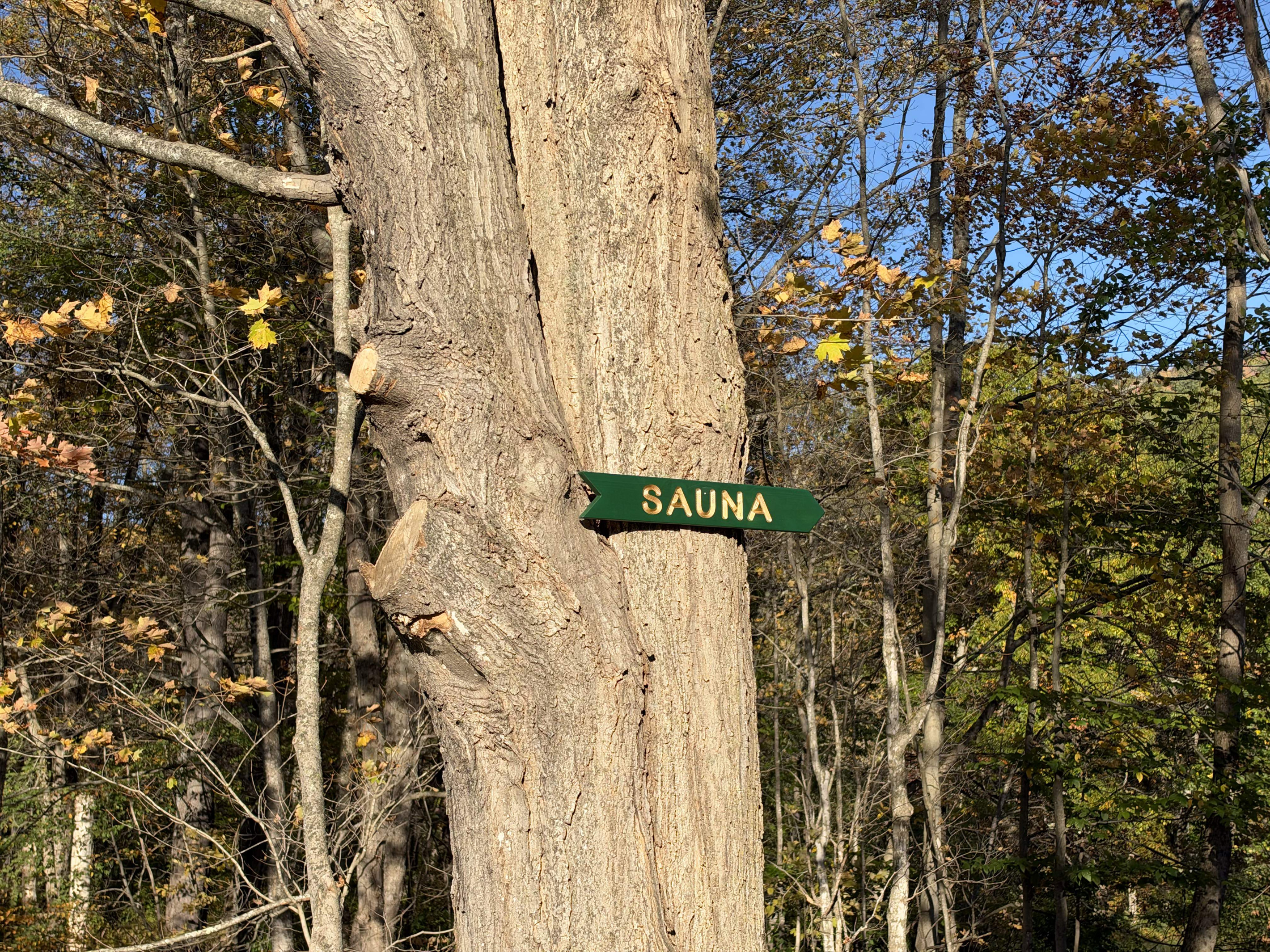 Follow the sign + short trail back to the sauna.