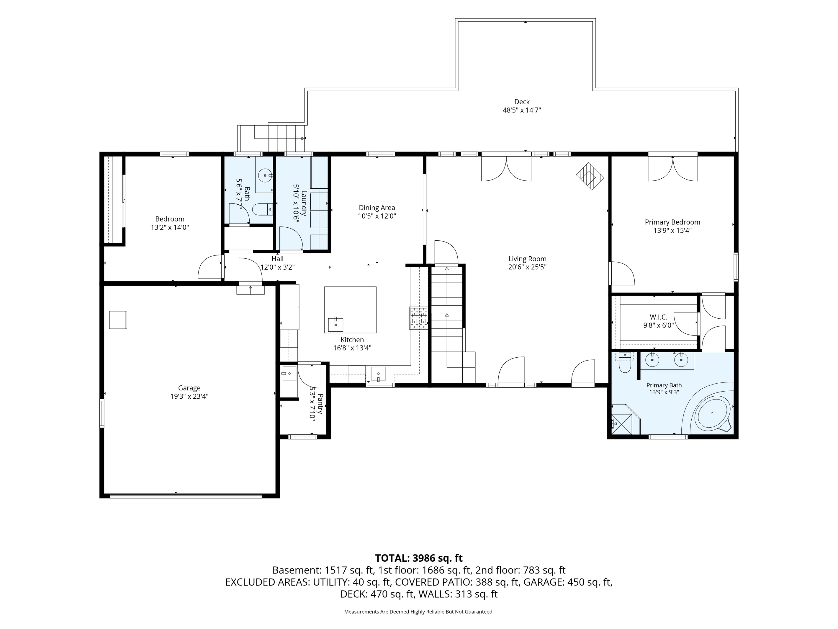 Floor plan of the main level: primary suite, kitchen, living room and deck. A bedroom, dining area and laundry sit on this level too.