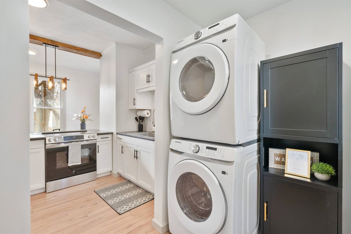 New front loading Washer and Dryer In-Unit, with laundry supplies provided.