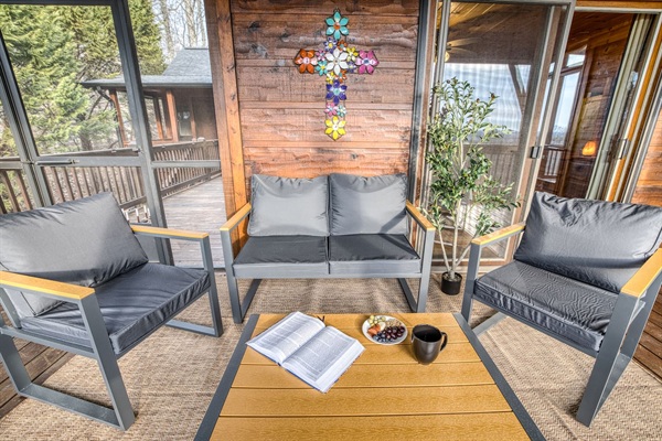 Mountain views from the wrap-around porch, especially the screened in porch in the back with comfy cozy outdoor furniture. 