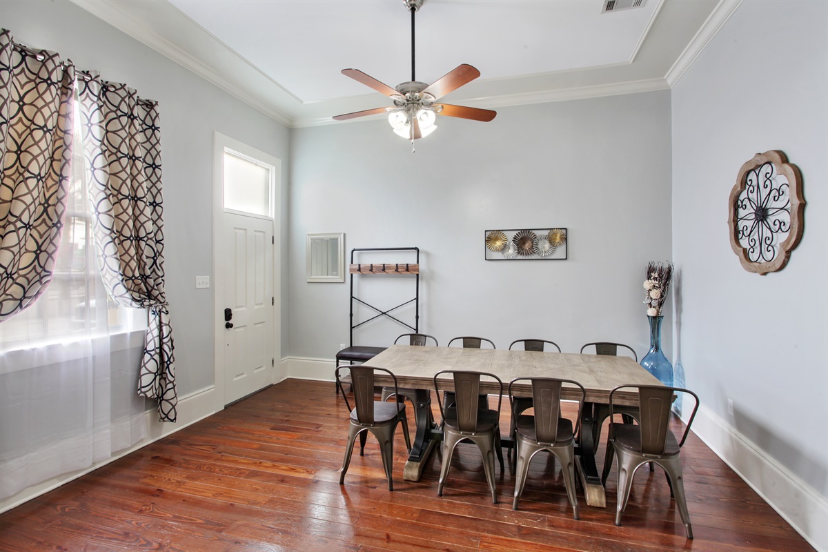 Front entry door and dining area.