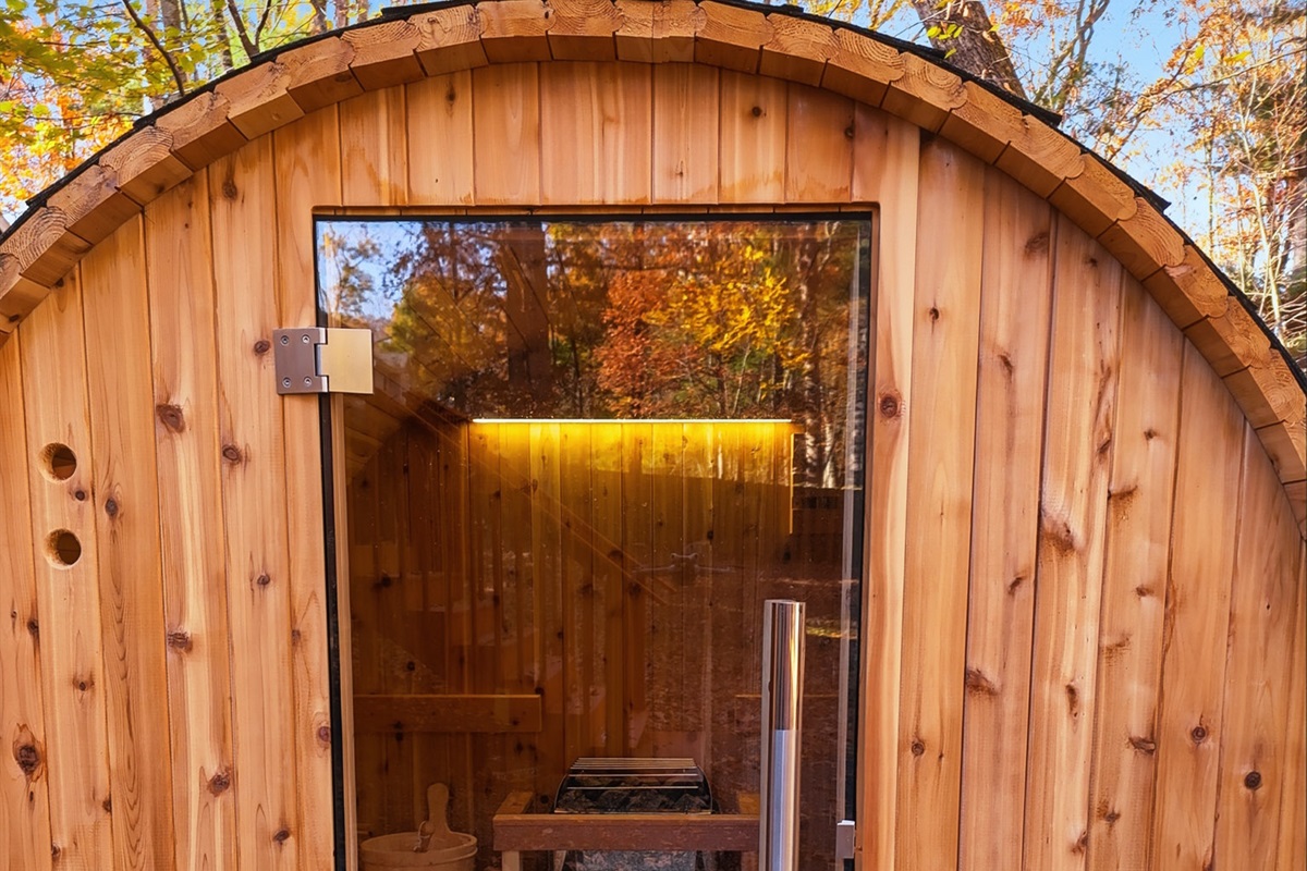 Private cedar barrel sauna