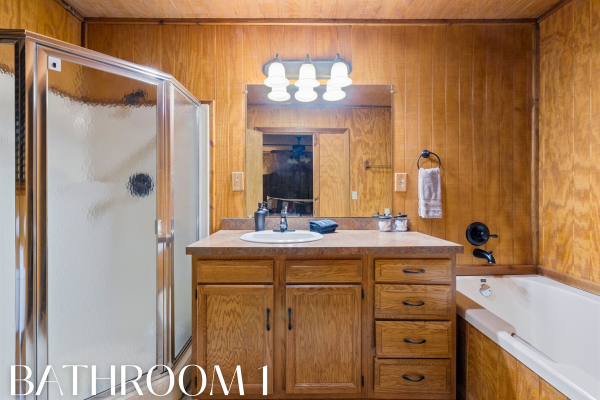 Bathroom with rustic vanity and shower.