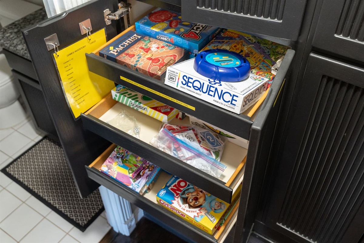 Our organized game drawers ensure easy access to a wide variety of board games for guests of all ages.