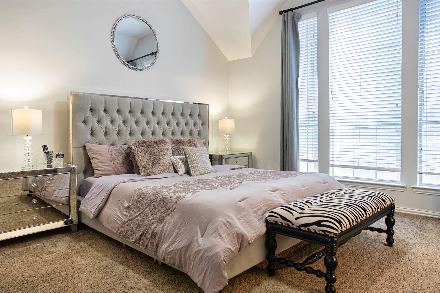 King Size Bed with Ottoman and Black Out Curtains