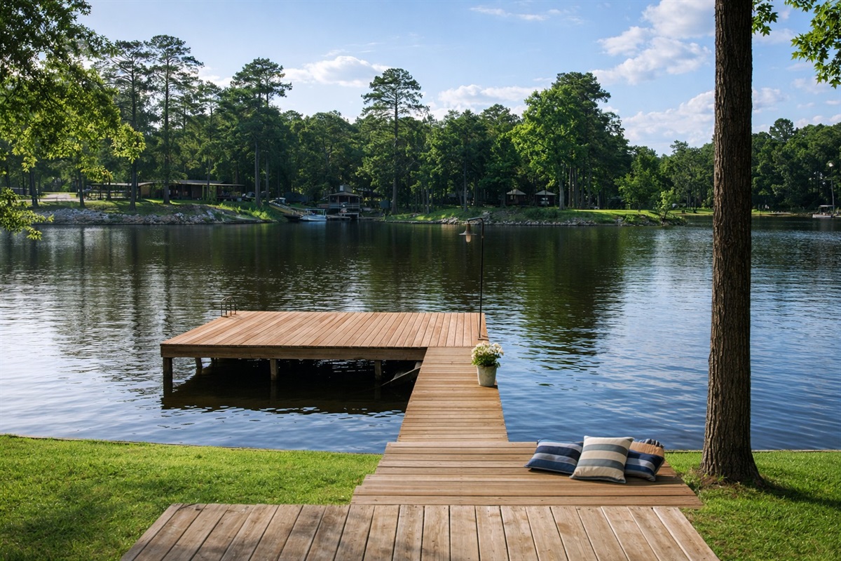 Private dock on Huxley Bay — swim, fish, kayak, or enjoy sunrise coffee on the water.