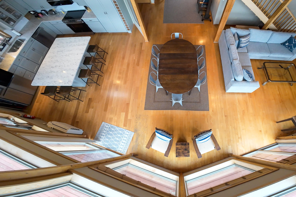 Overhead view of living/dining/kitchen
