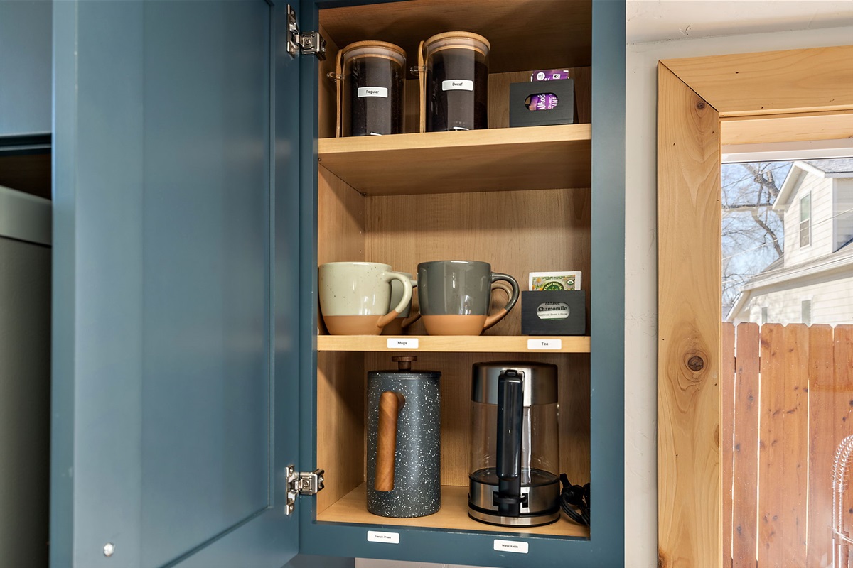 Organic coffee, decaf and regular, organic tea, organic sugar, stevia, and sweet 'n' low