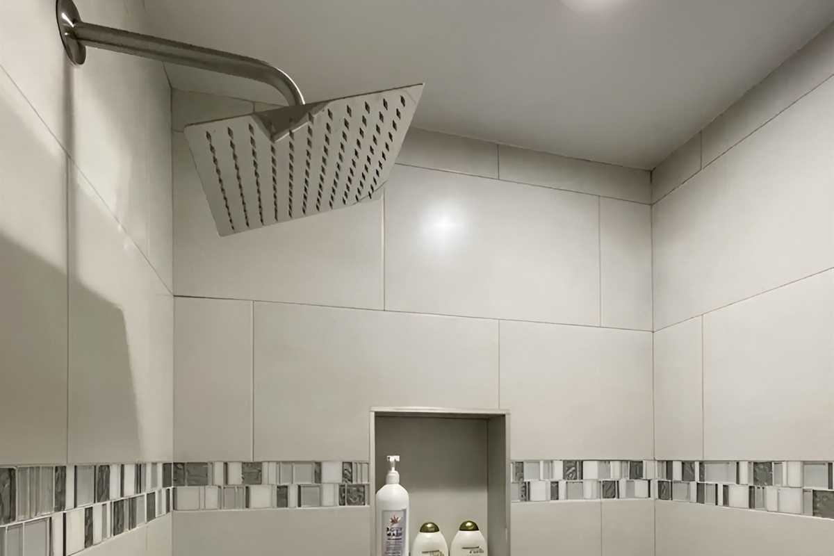 The master bathroom is equipped with a shower stall and rainfall showerhead.
