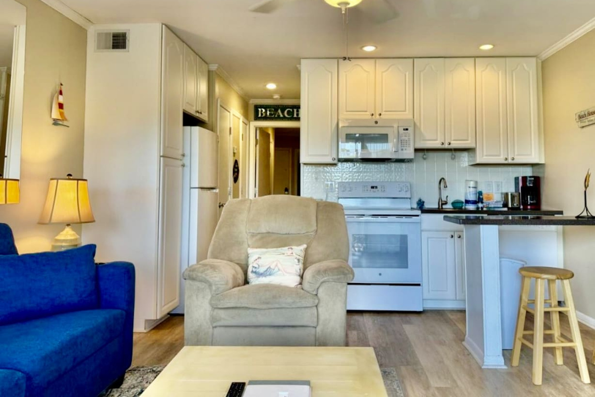 Living room open to the kitchen