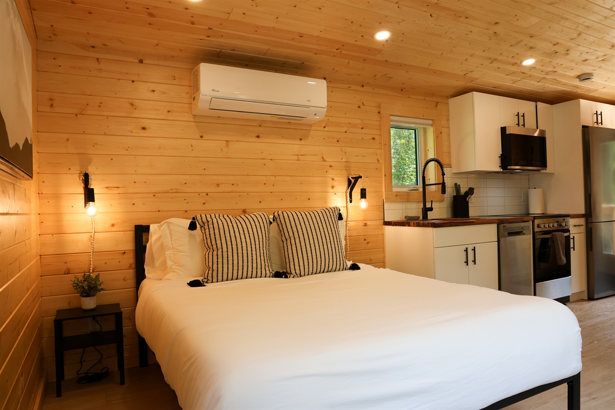 Queen bed with Douglas mattress and premium bedding