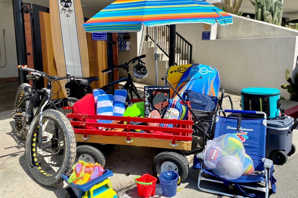 Free bikes (fat and regular)!  We provide everything you need to enjoy San Clemente at no charge: Bikes and helmets, Boogie Boards, Beach Chairs, Beach Towels, Umbrella, a wagon, a cooler, beach paddleball, and even yoga mats.
