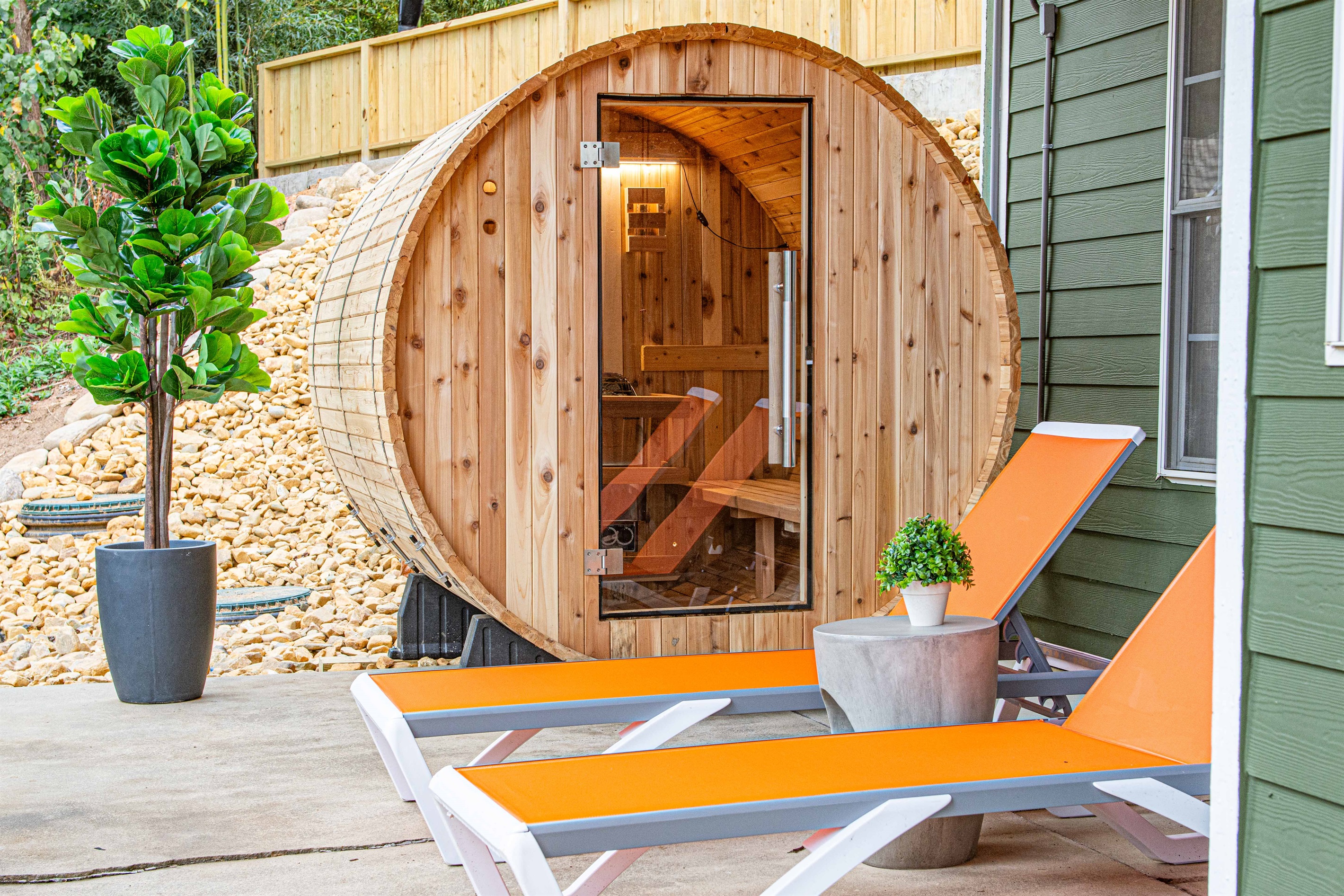 Unwind in the cozy outdoor sauna or relax on the sun loungers for the perfect combination of heat therapy and serene outdoor relaxation.