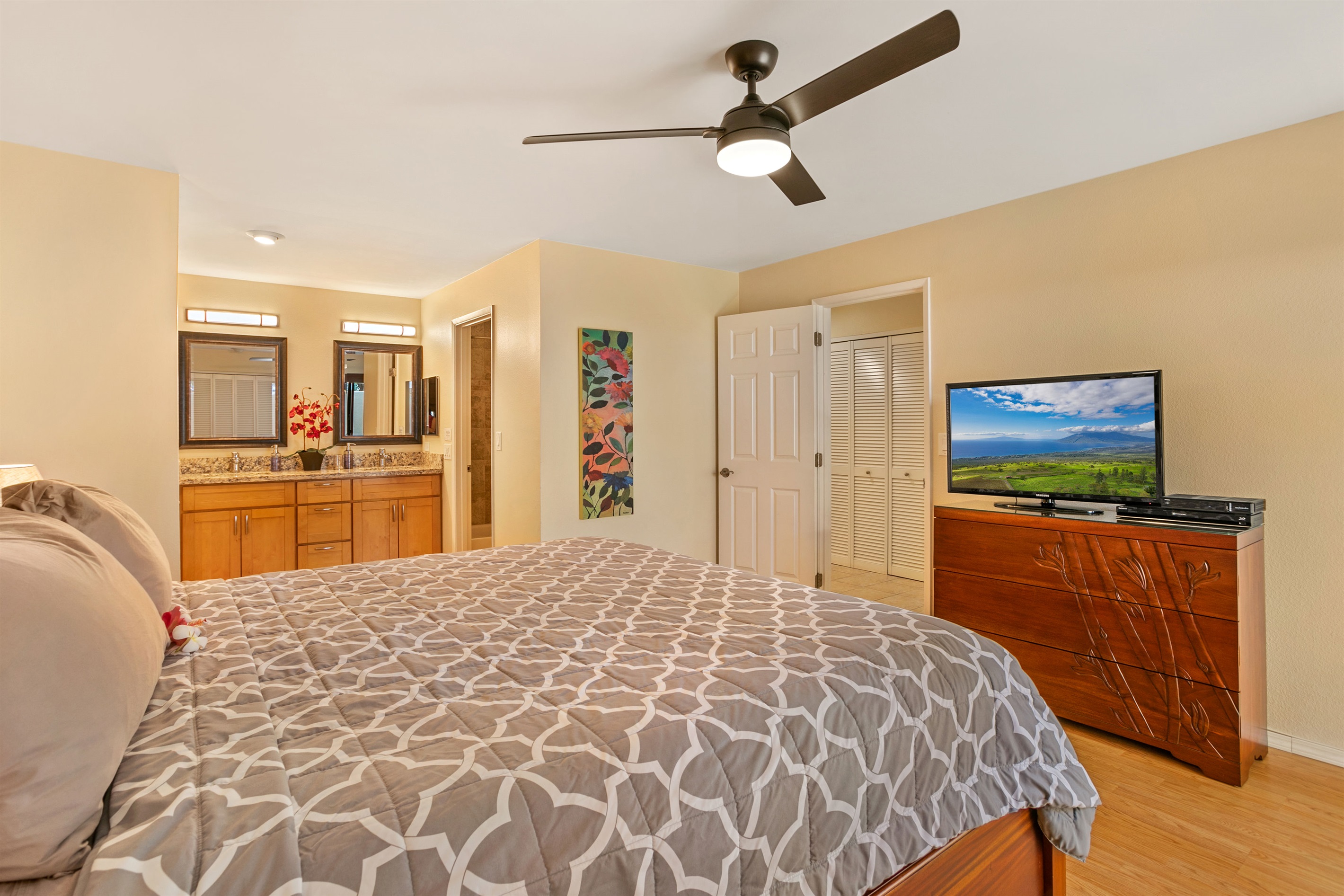 Another view of the bedroom with the master bath. Storage, TV, DVD