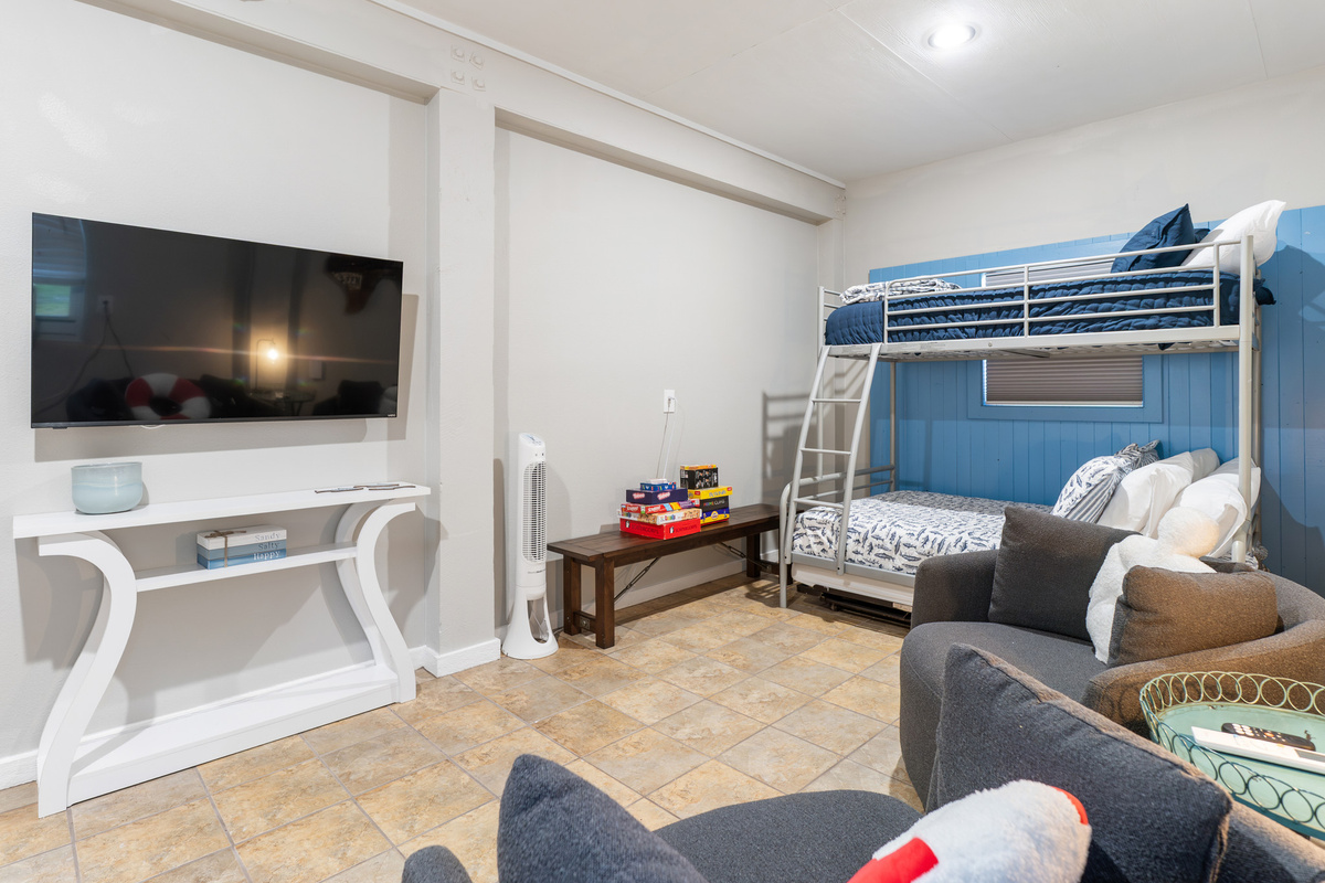 Downstairs bunk room. Perfect for kids hangout. With Twin over Full bunk bed.