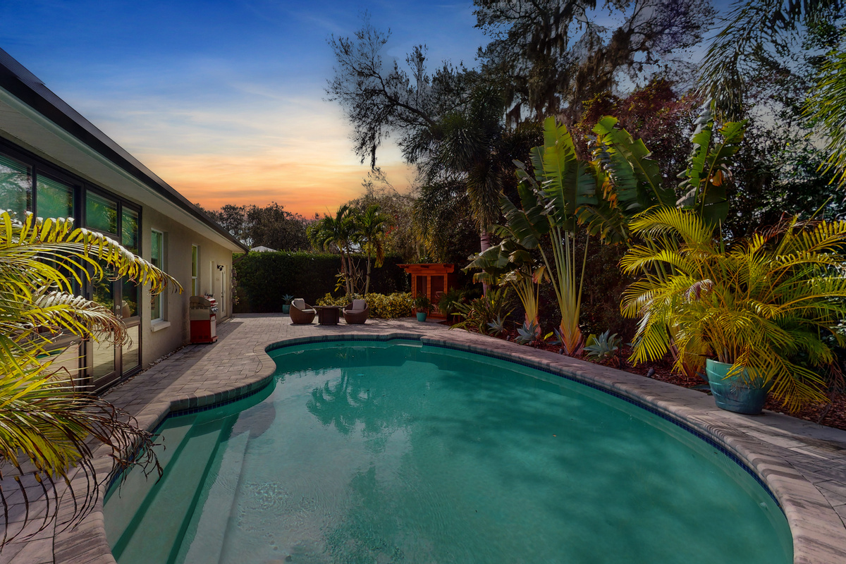 Sunset-lit pool perfect for unwinding year-round