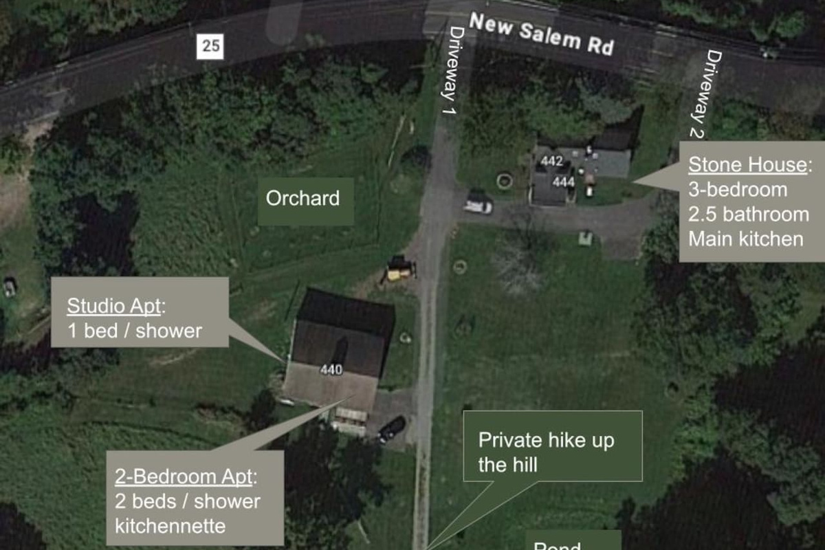 Property map shows how you'll have the whole six private acres to yourself. Two barn apartments and the three bedrooms of the Farm House.