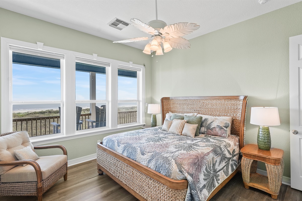 The king-sized guest bedroom features direct beach views for spectacular sunrises.