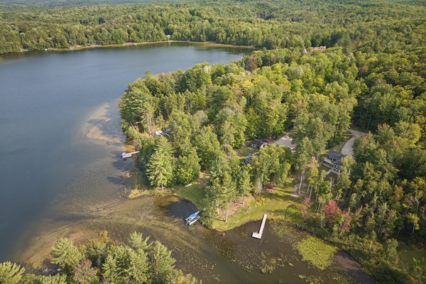Aerial view looking east over Corner Lake — with boat launch nearby.