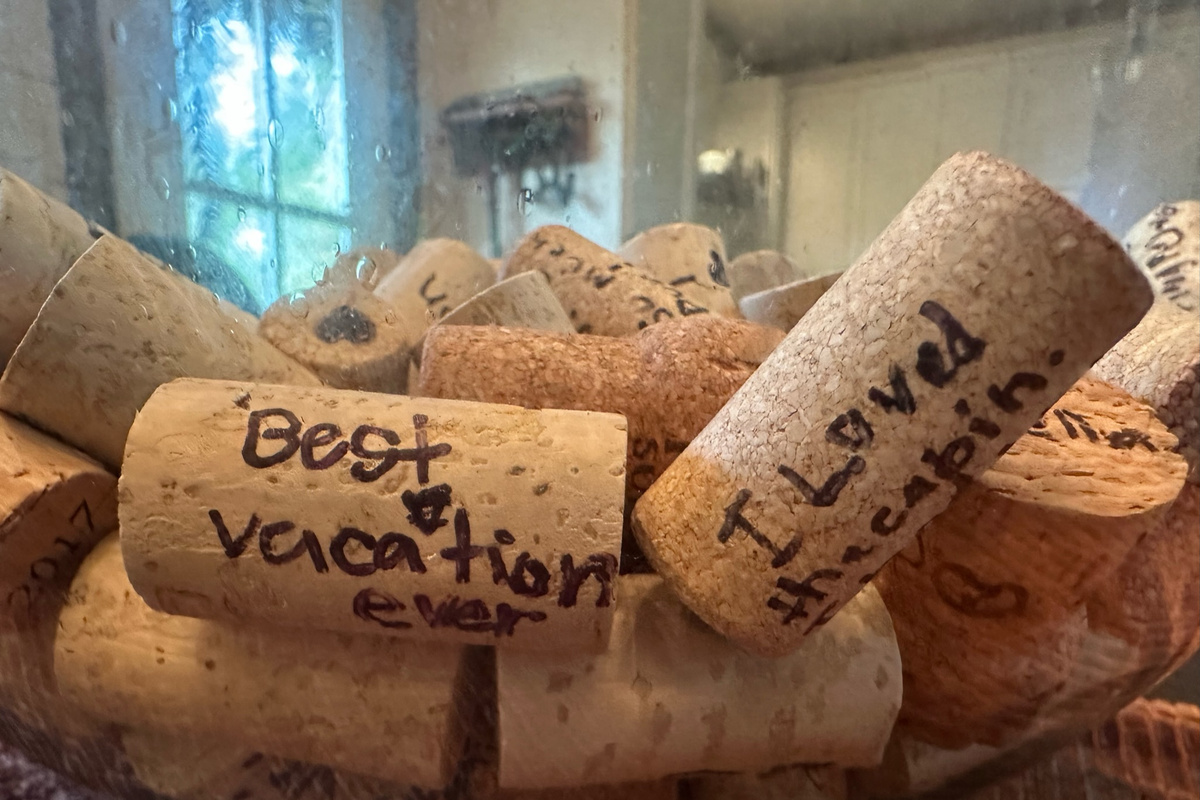 Our “guest book”. Write a little something on a cork and drop it in the bottle!