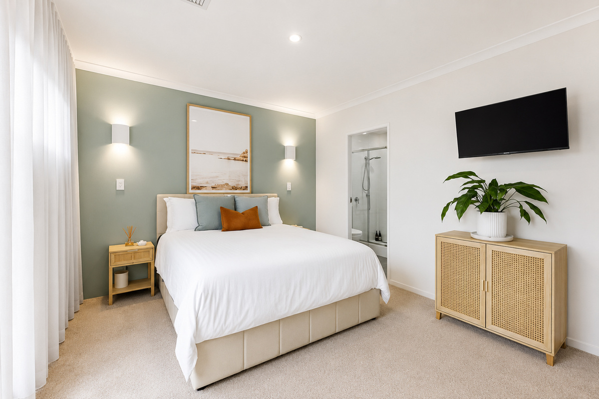 The main bedroom at The Duchess of Duke includes a queen bed, built-in robe storage, attached ensuite and outdoor access.