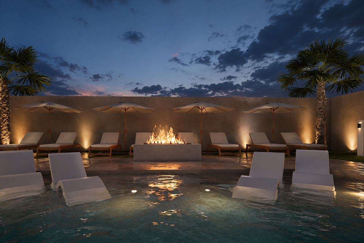 Pool loungers, Tanning Ledge and umbrellas | Rendering
