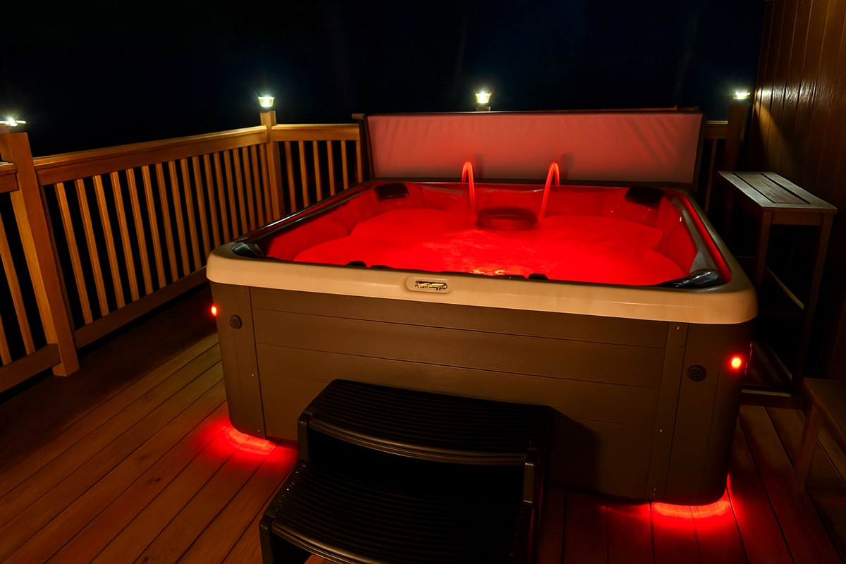 Slip into the hot tub under the stars — glowing lights and bubbling water set the scene for a romantic night.