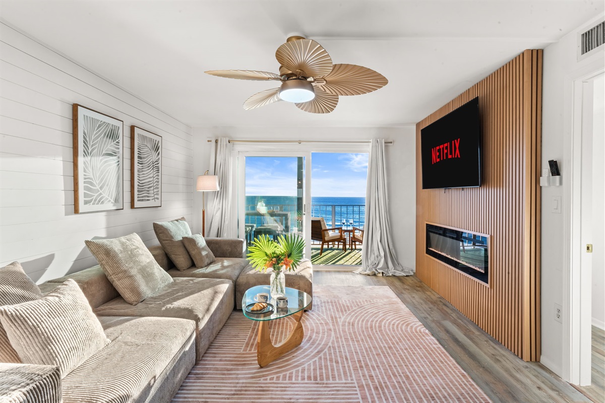 The over sized couch perfect for a cozy rest while enjoying the views, or watching the big game, or a family movie night