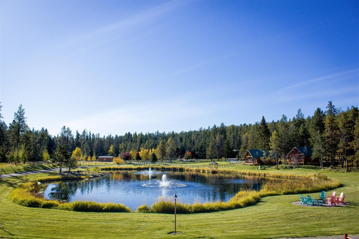 Front Pond with fire pit and gazebos