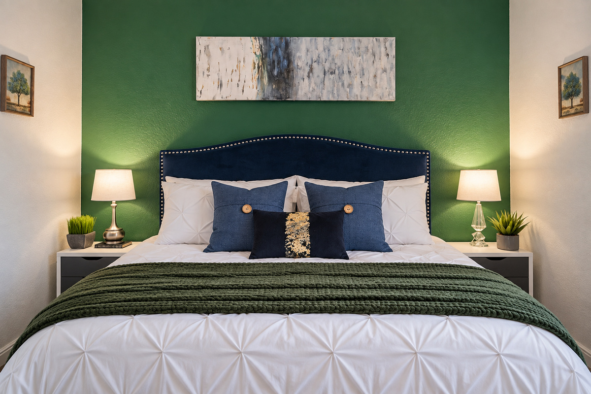 Quiet, welcoming bedroom with soft bedding, and a relaxing atmosphere for a restful stay.