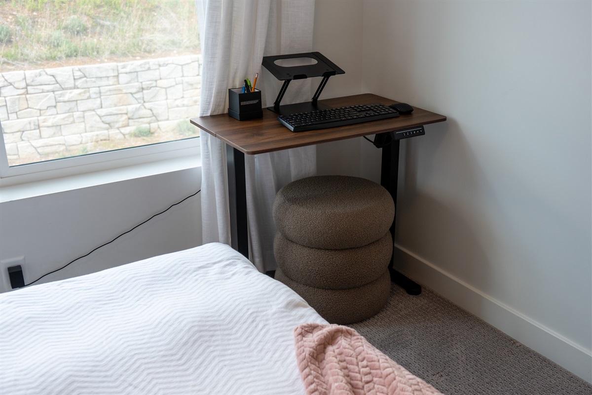 Small desk space for remote work or quiet moments.