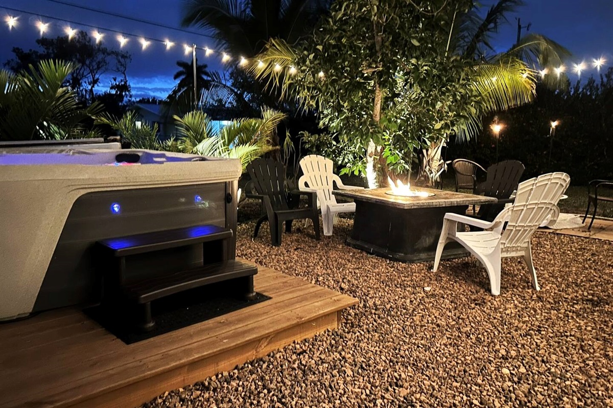 Epic Chill Zone, with a 6 person hot tub, Gas Fire Pit, and multiple sitting areas, all focused around an avocado tree, its the perfect spot to relax after a day at the beach, or fishing, shopping or just relaxing! Because its your pace.
