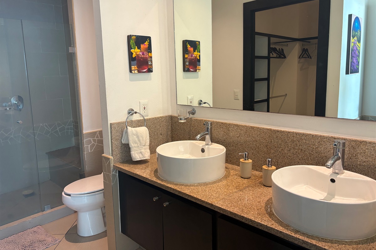 Master ensuite with double sinks and full sized shower